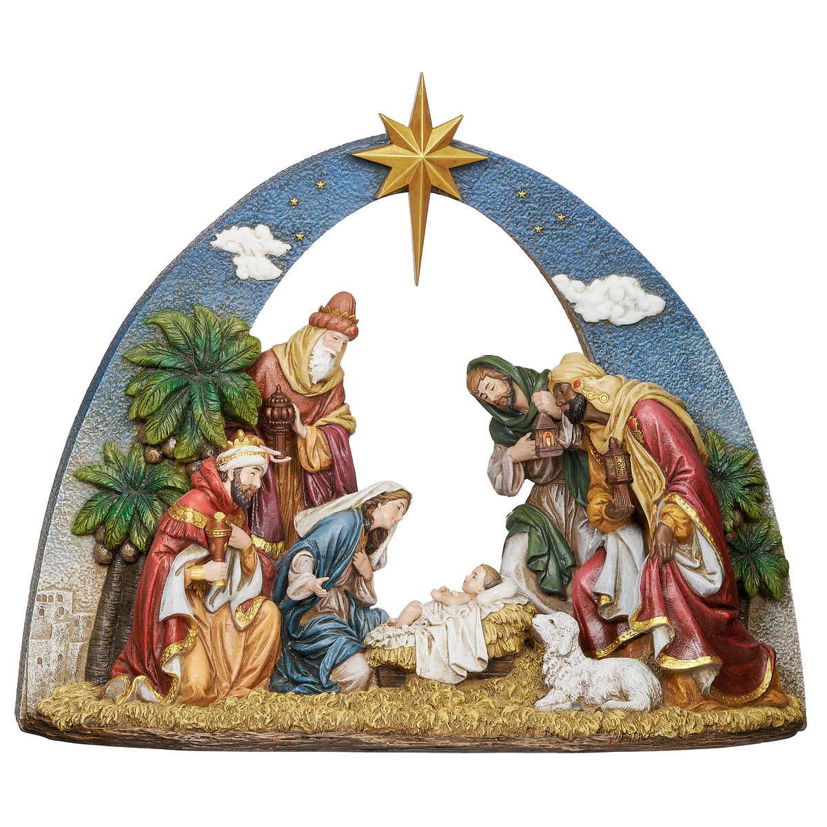 Front view of Joseph's Studio Lighted Nativity Scene showing the Holy Family centered beneath the Star of Bethlehem with surrounding figures and palm trees
