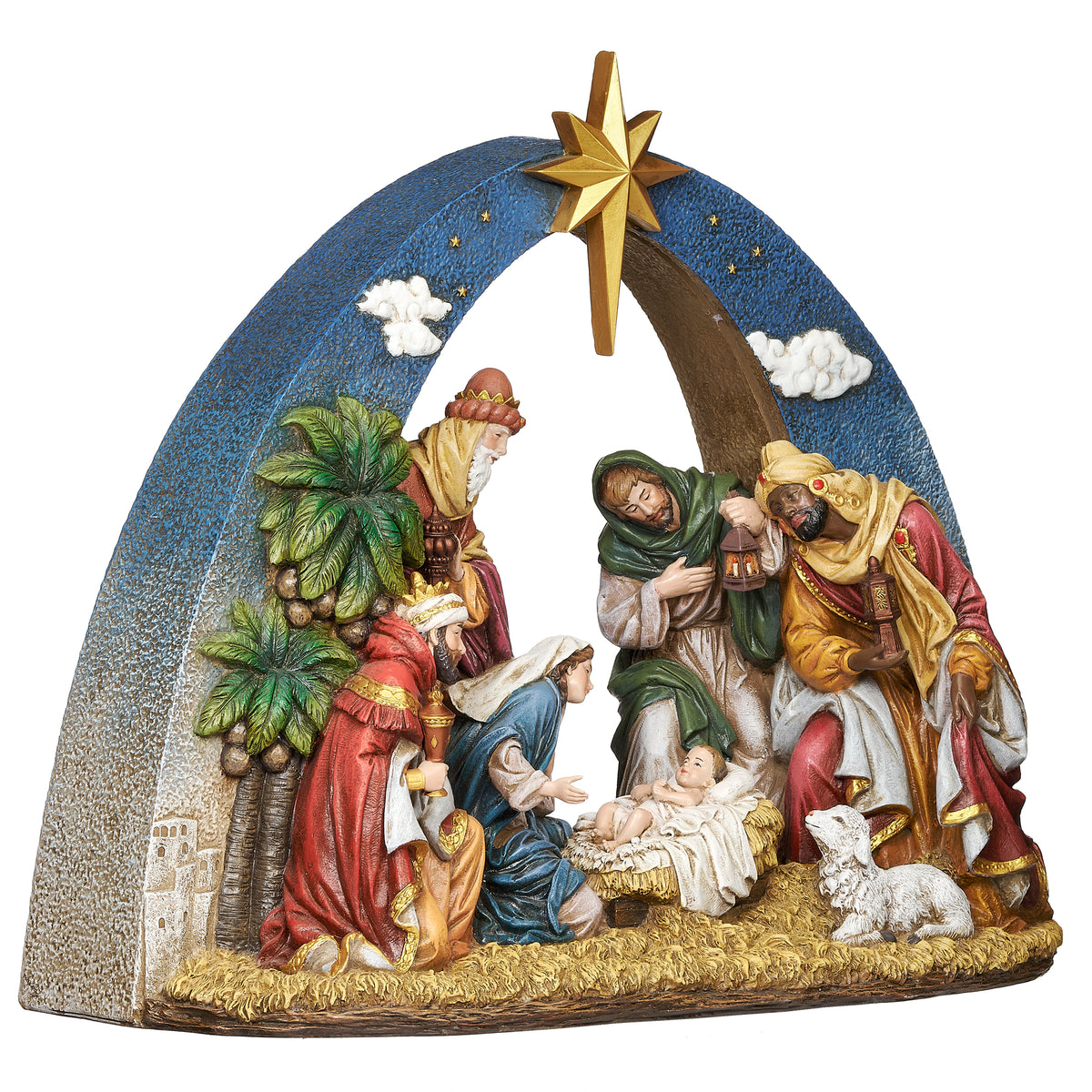 Alternate front view of Joseph's Studio Lighted Nativity Scene highlighting the Holy Family and surrounding Nativity figures beneath the glowing star
