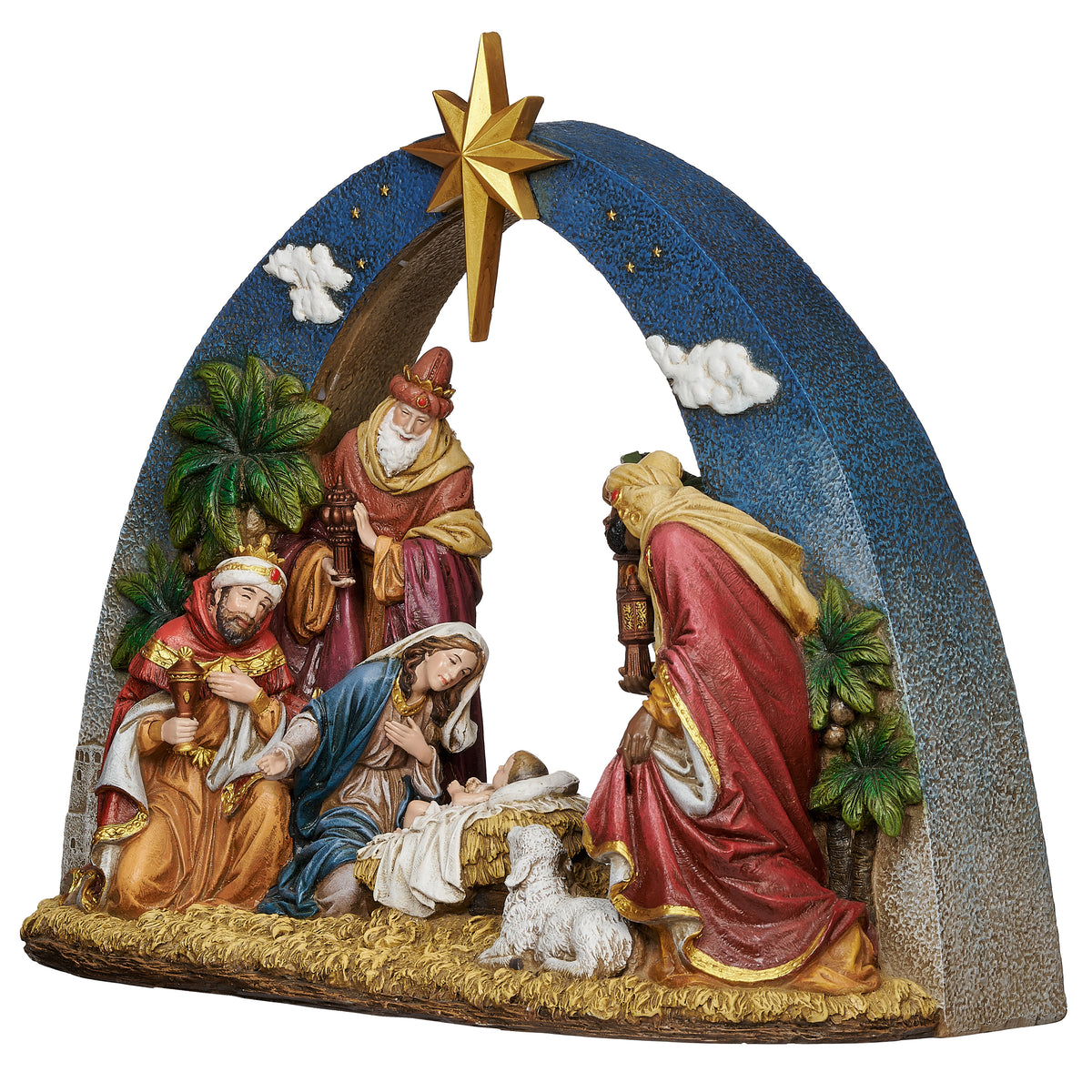 Front angled view of Joseph's Studio Lighted Nativity Scene highlighting the Holy Family, Magi, shepherds, animals, and sculpted night-sky arch