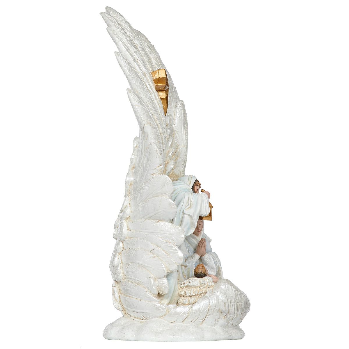 Side view of Holy Family nativity scene inside sculpted feather wing