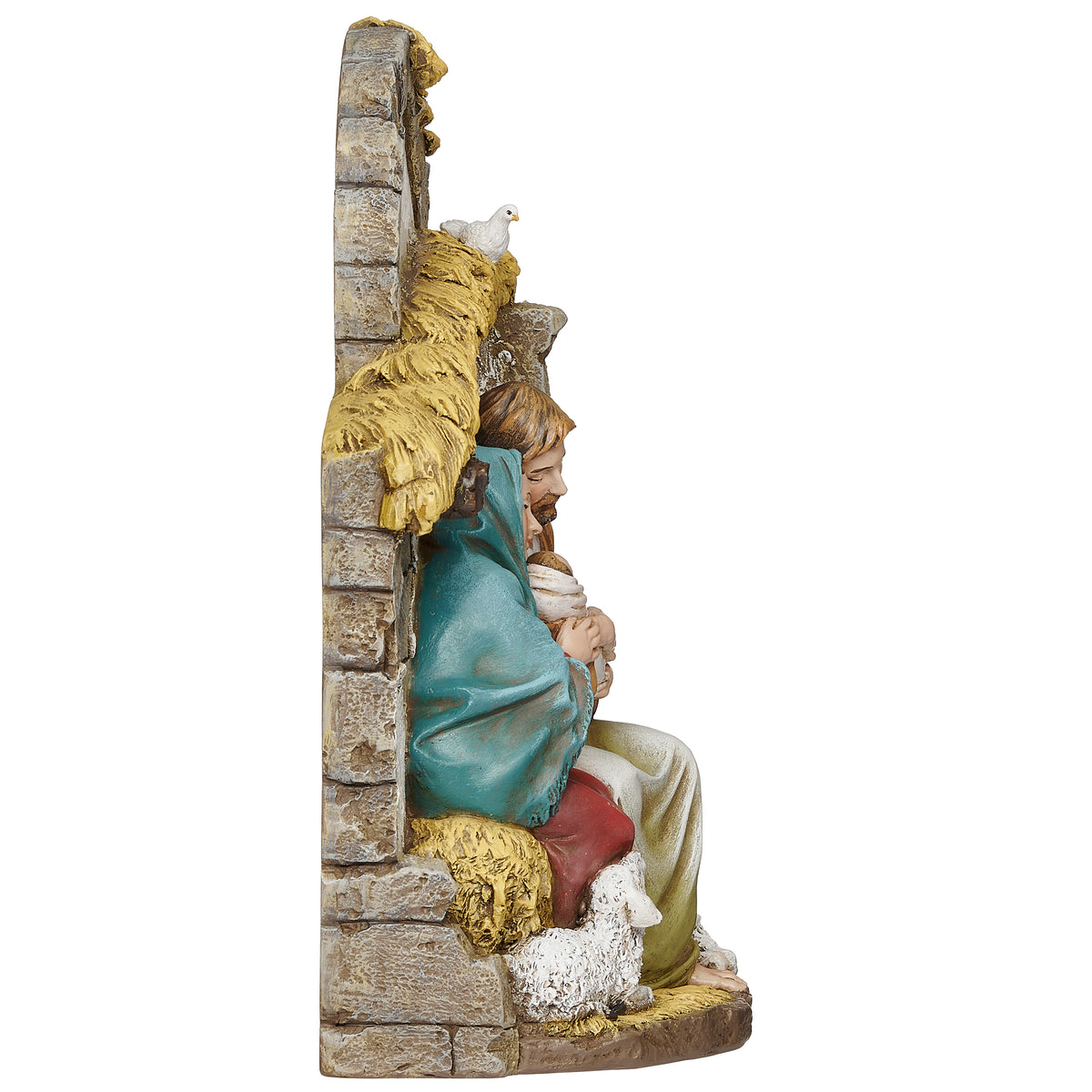 Opposite side view of Joseph's Studio Let Us Adore Him Holy Family Figure showing the Holy Family, stone-look stable, and sculpted roof texture