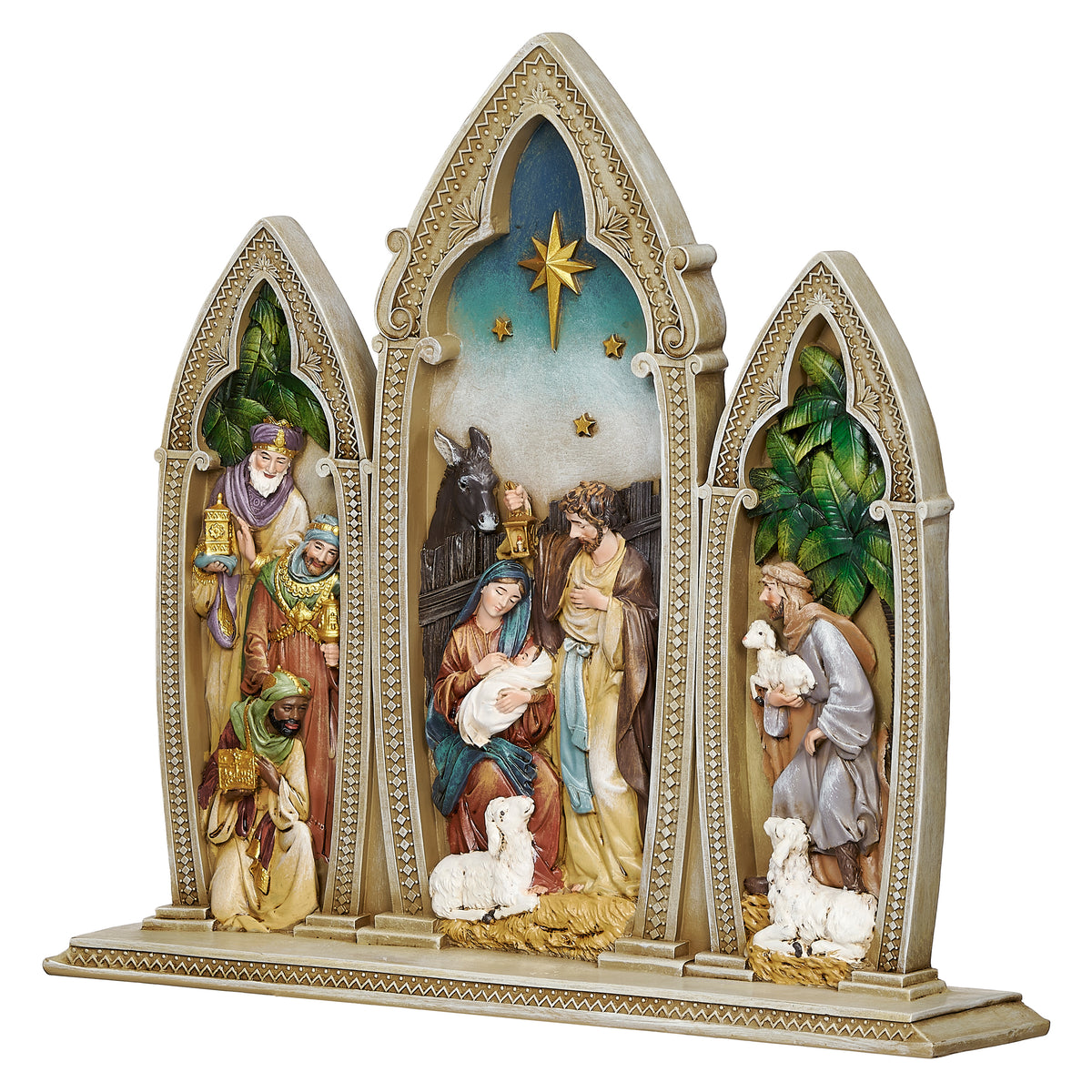 Front view of Joseph's Studio Gothic Arch Nativity Figure showing the Nativity scene across three ornate Gothic arch panels