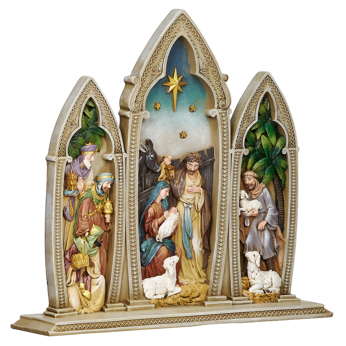 Alternate front view of Joseph's Studio Gothic Arch Nativity Figure highlighting the Holy Family, surrounding figures, and Star of Bethlehem