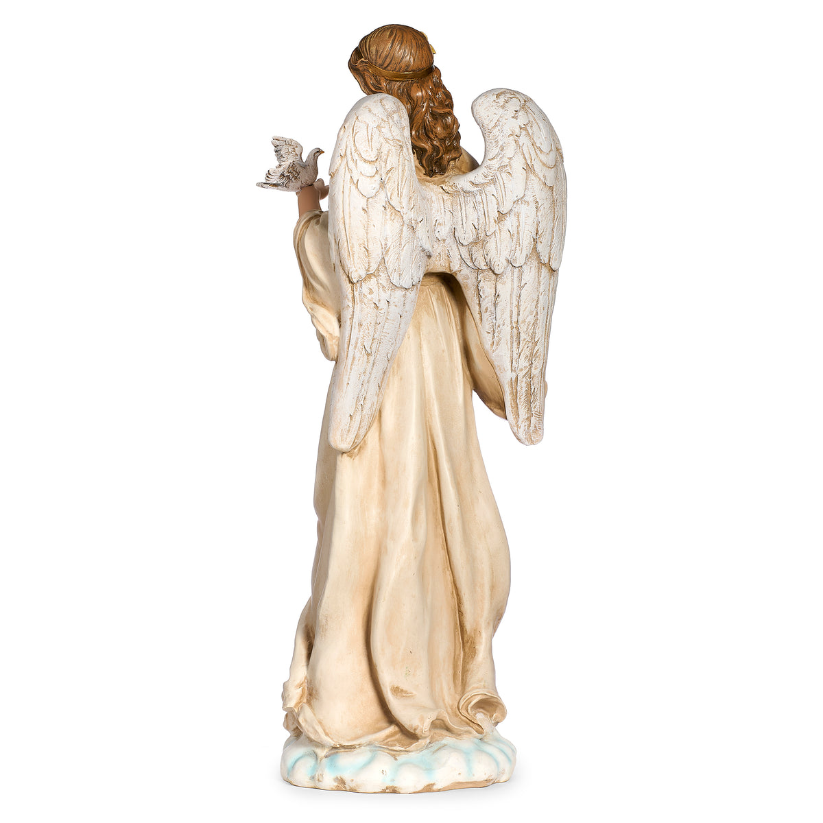Back angled view of Joseph's Studio Angel with Dove Garden Statue showing the large feathered wings and draped gown