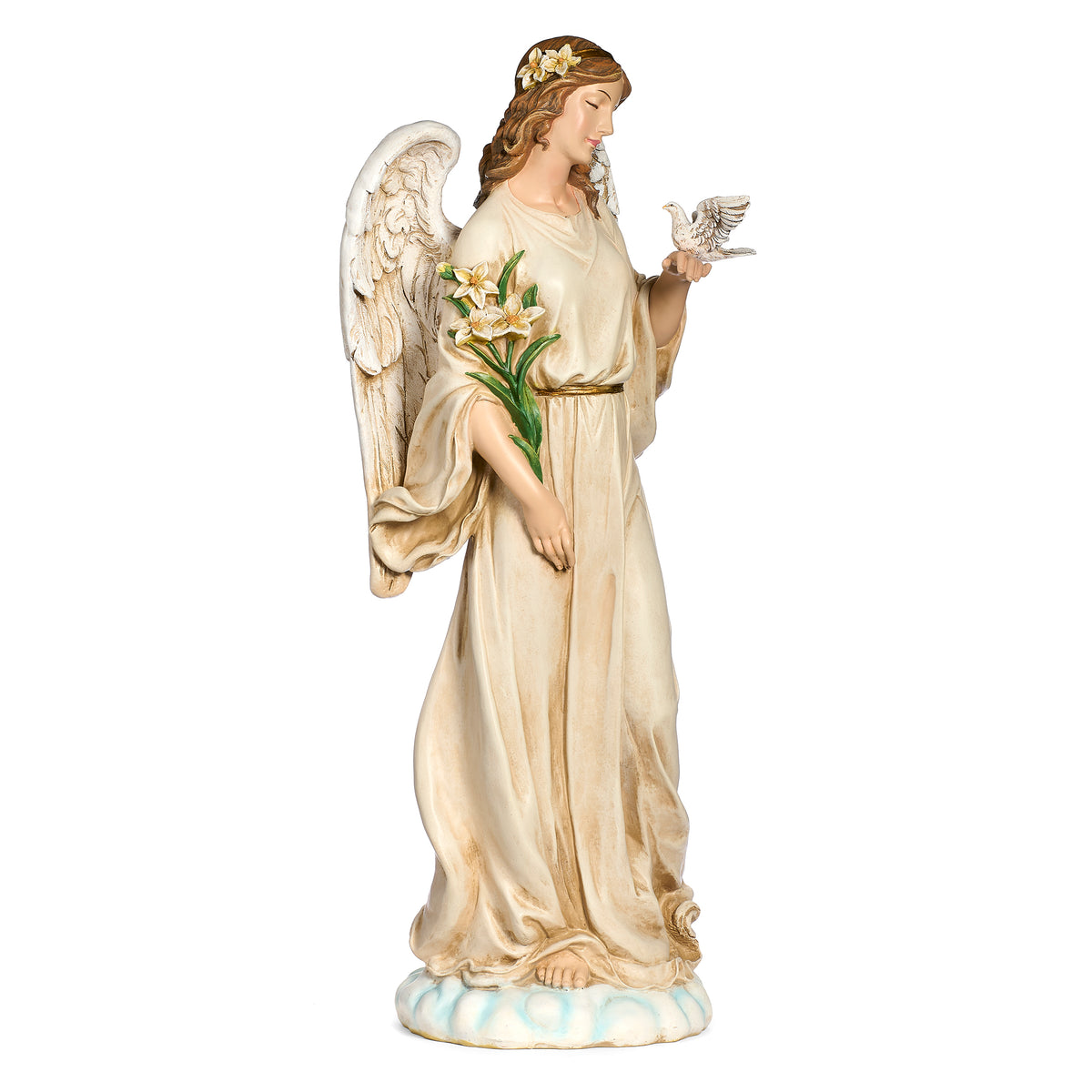 Alternate front angled view of Joseph's Studio Angel with Dove Garden Statue highlighting the bowed pose, dove, lilies, and detailed wings