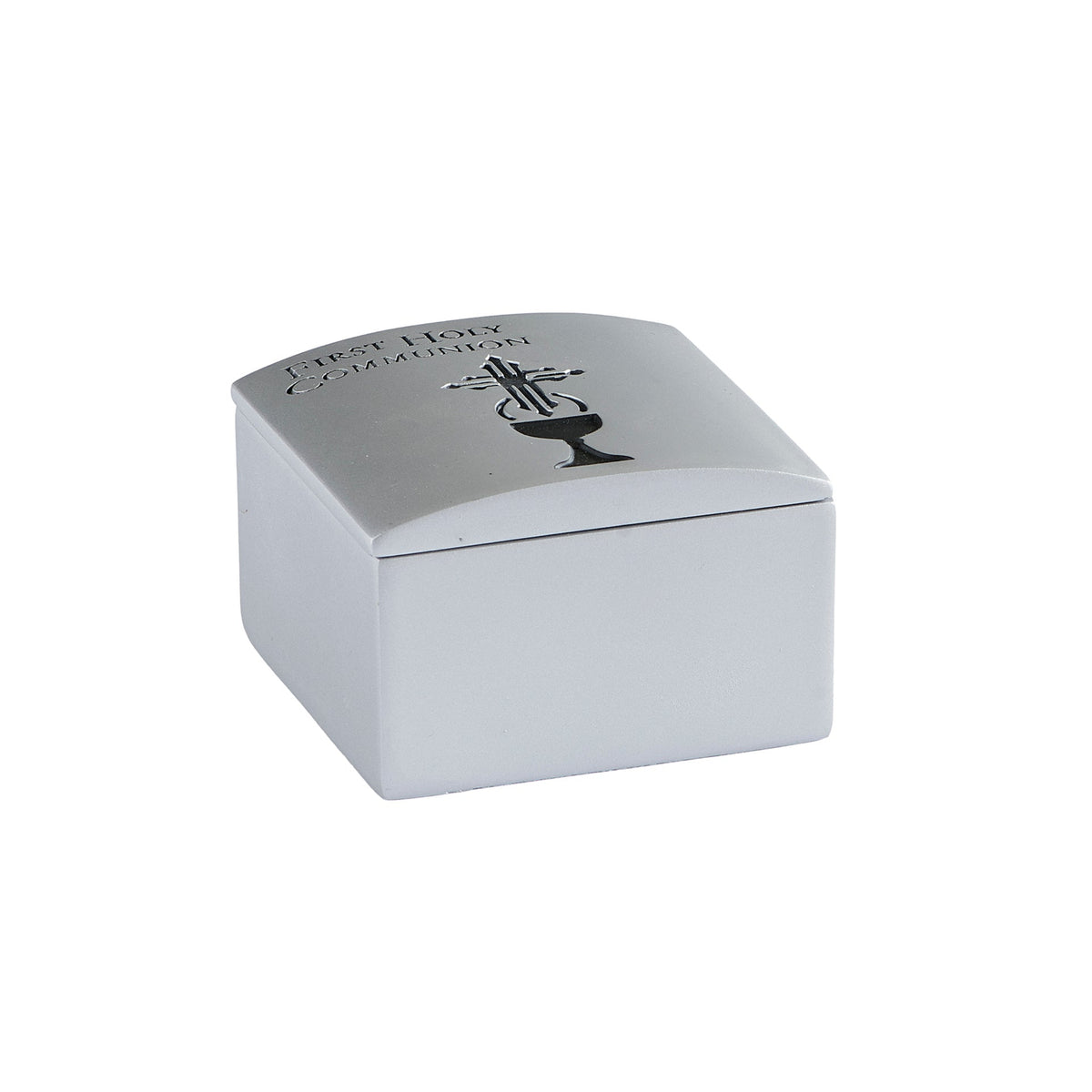 Closed First Communion Silver Keepsake Box showing the compact square shape and silver-tone lid