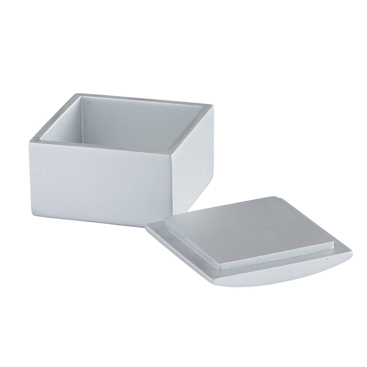 Alternate open view of First Communion Silver Keepsake Box showing the square interior and removable silver-tone lid
