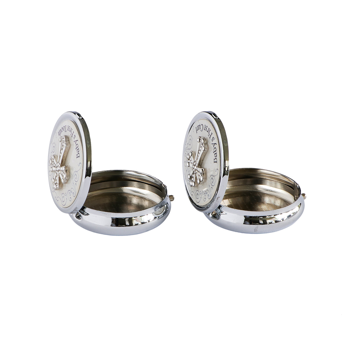 Side angled view of Baby’s First Tooth & Curl Keepsake Box Set showing the compact round shape, hinged lids, and silver-tone finish