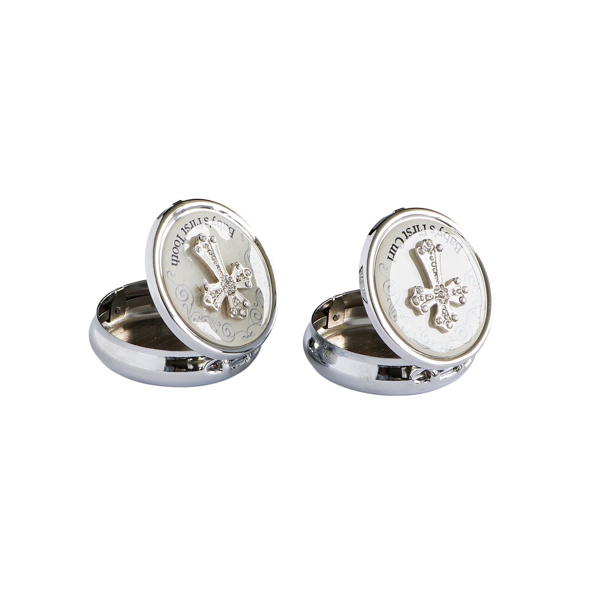 Alternate open view of Baby’s First Tooth & Curl Keepsake Box Set highlighting the decorated lids, jeweled cross accents, and interior storage spaces