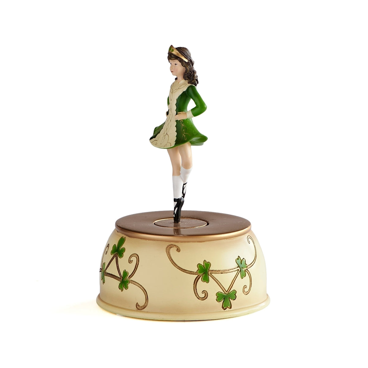 Front angled view of Musical Irish Step Dancer showing the dancer and shamrock-decorated music box base