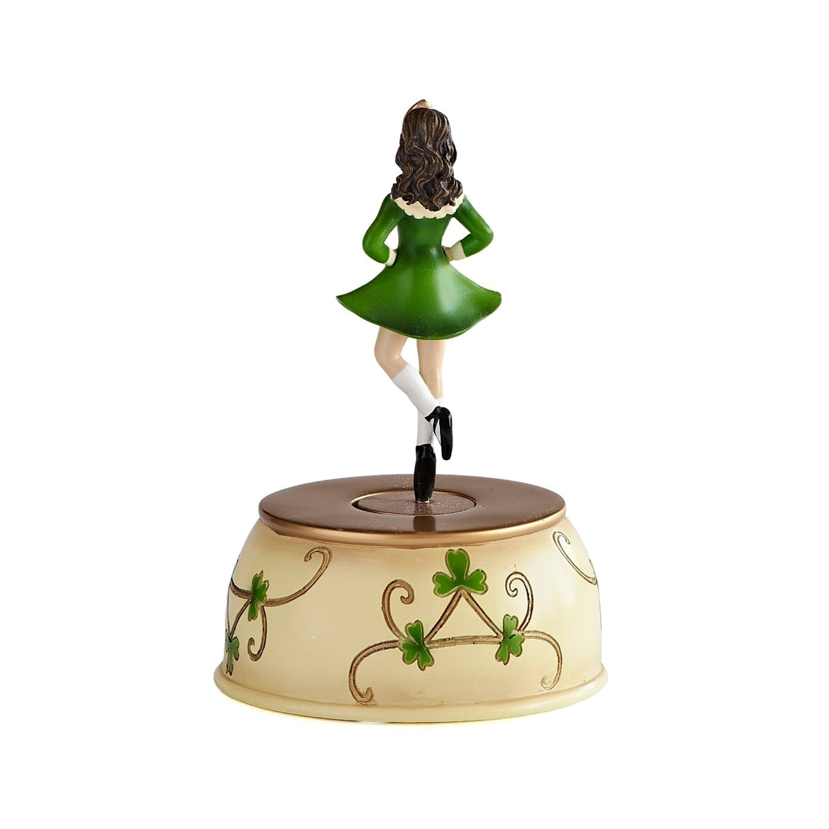 Back view of Musical Irish Step Dancer showing the green dress and decorative shamrock base