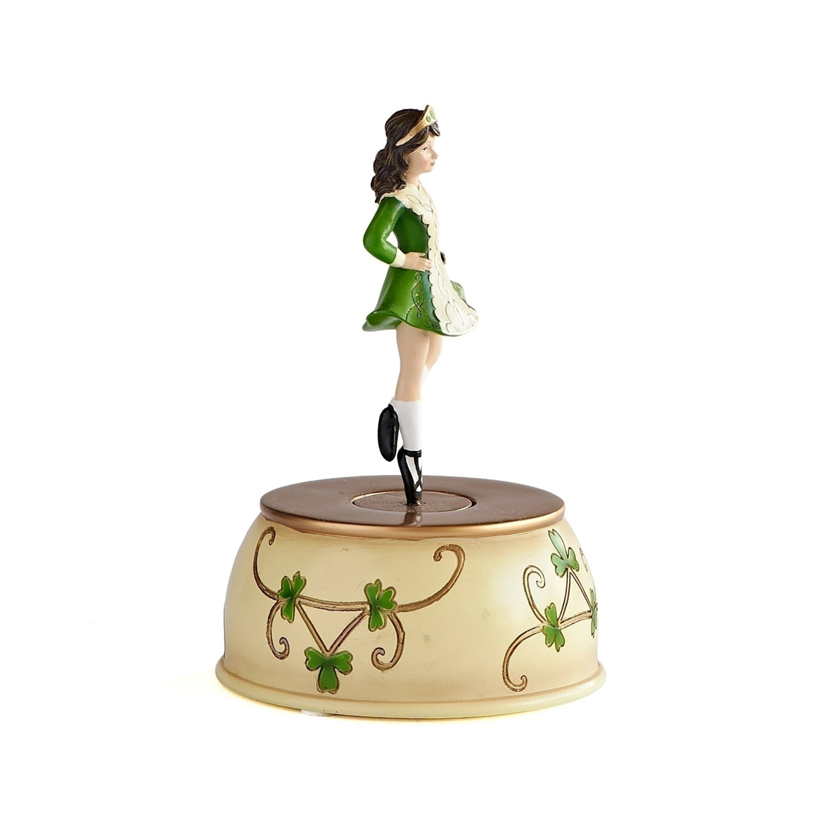 Side view of Musical Irish Step Dancer showing the dancer posed above the gold-tone music box base