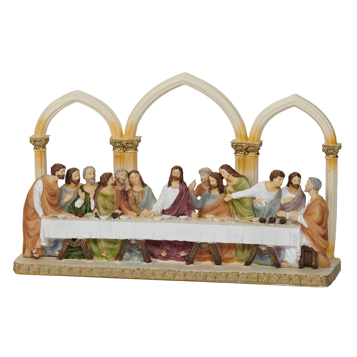 Front angled view of The Last Supper plaque showing Jesus and the apostles seated at the table beneath decorative arches