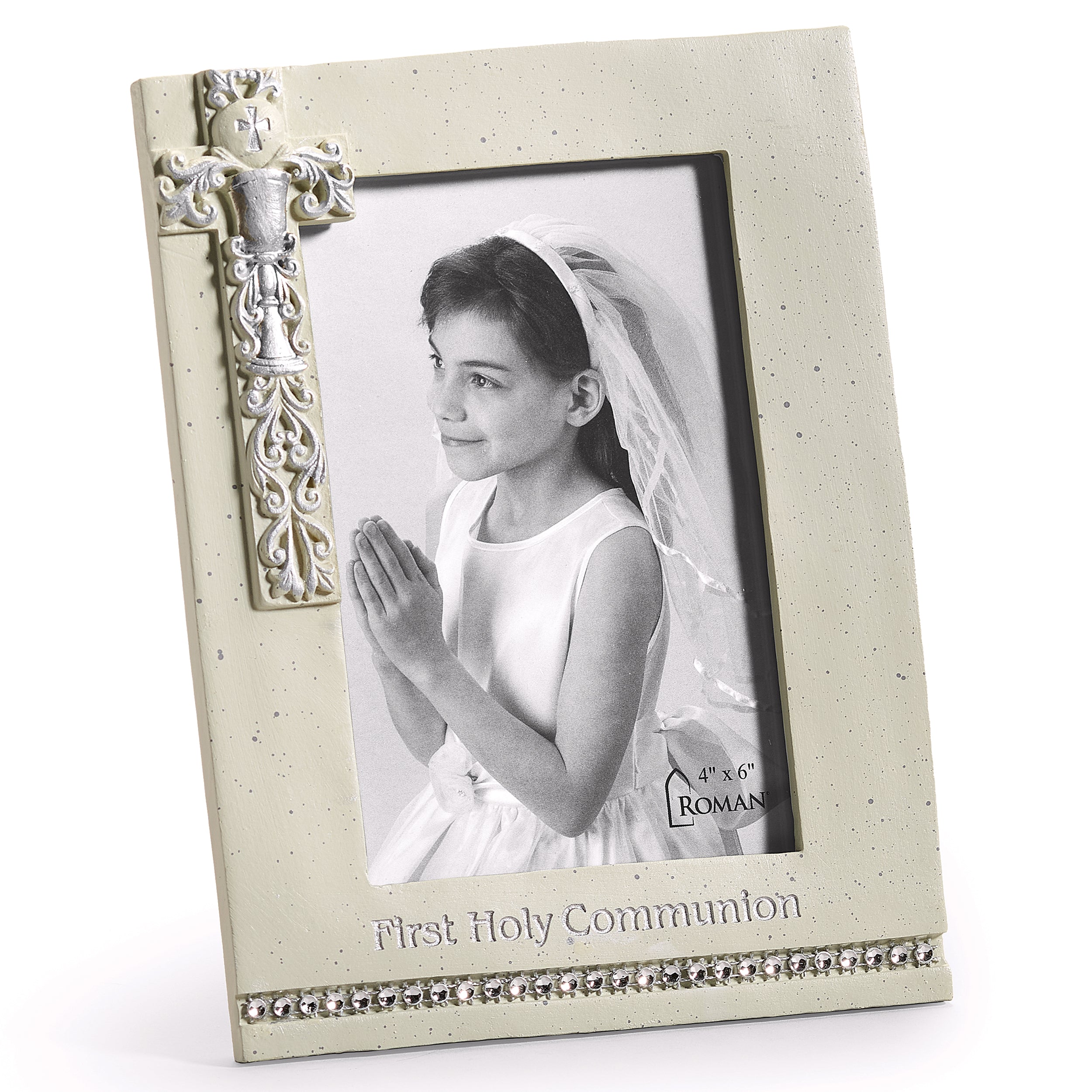 First Communion Photo Frame with Cross & Crystal Accents