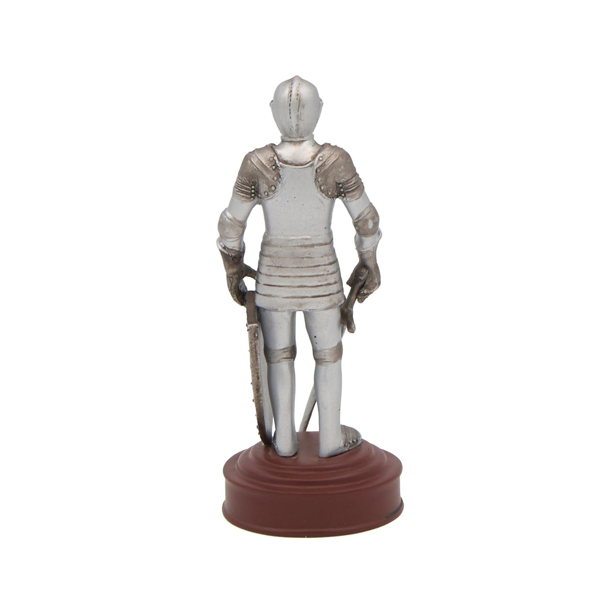 Rear view of armored knight showing its helmet, back armor, and leg guards.