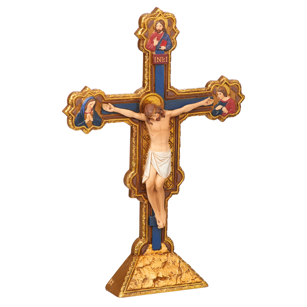 Front view of Joseph's Studio Ognissanti Tabletop Crucifix highlighting Christ on the richly detailed cross with red, blue, and gold accents