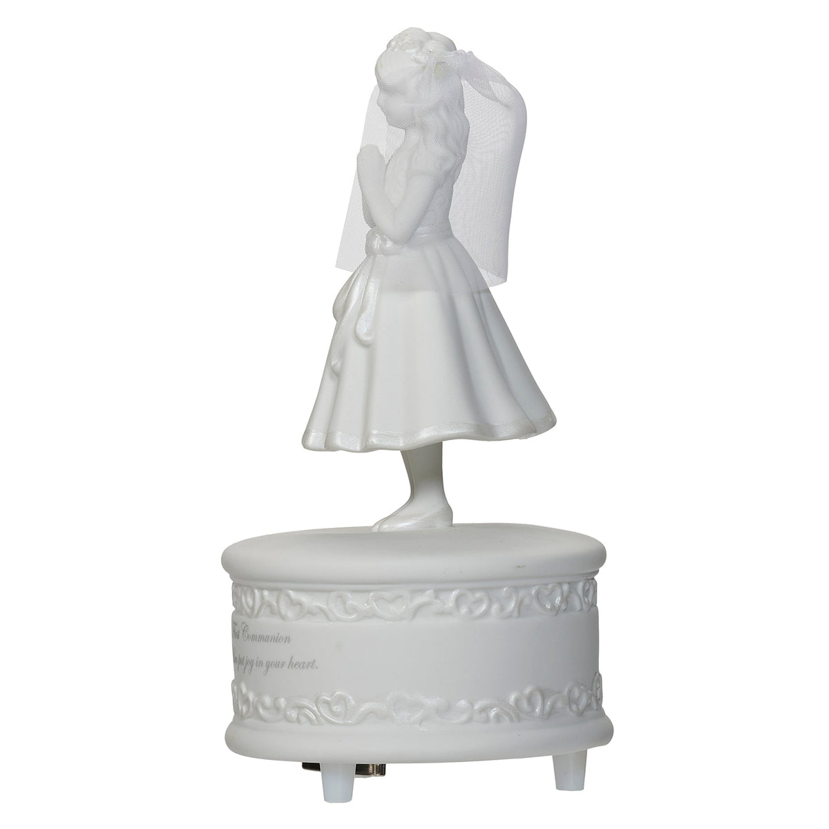 Side view of First Communion Girl Musical Figure showing the praying girl in her white dress and veil above the decorative music box base