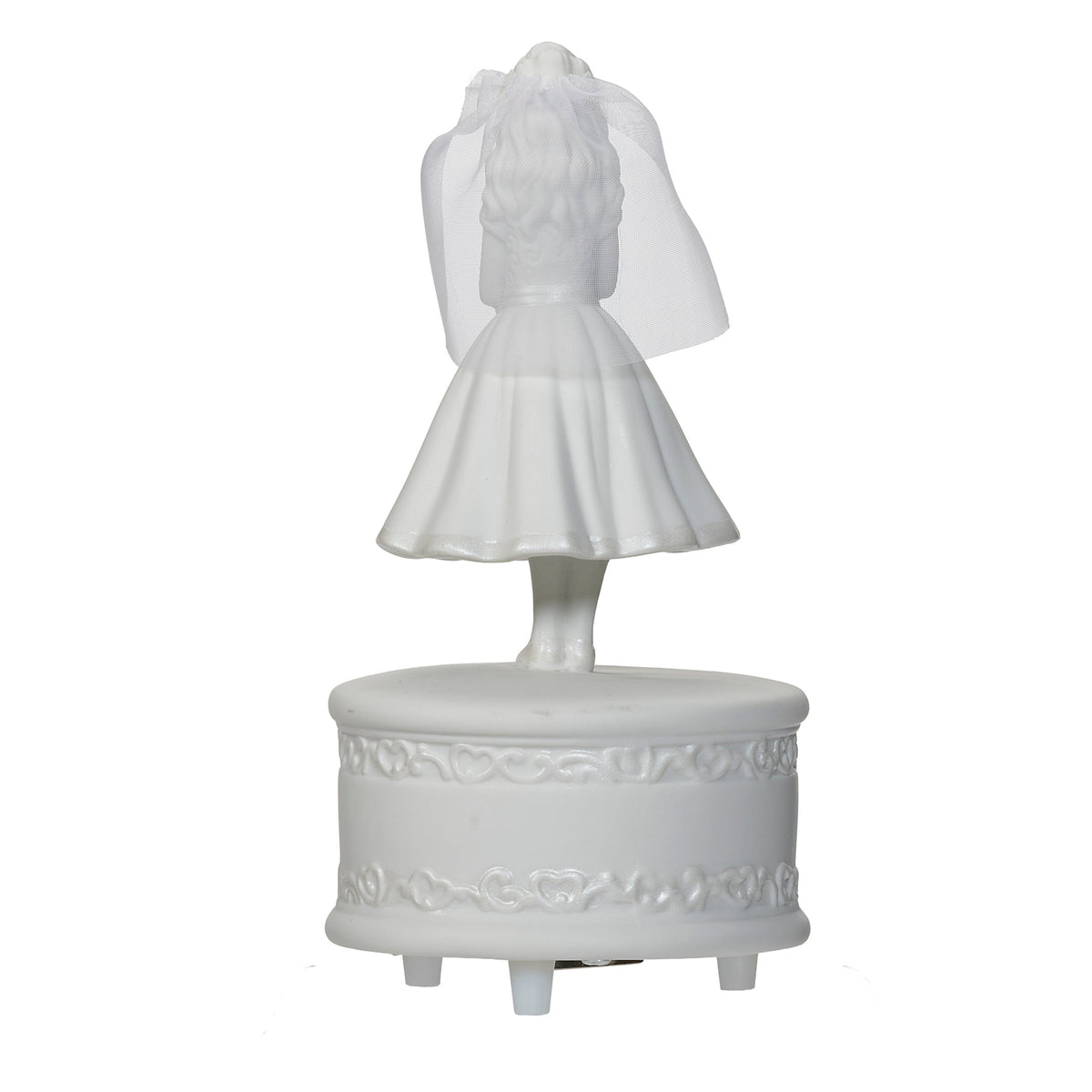Rear angled view of First Communion Girl Musical Figure showing the flowing veil, Communion dress, and round musical base