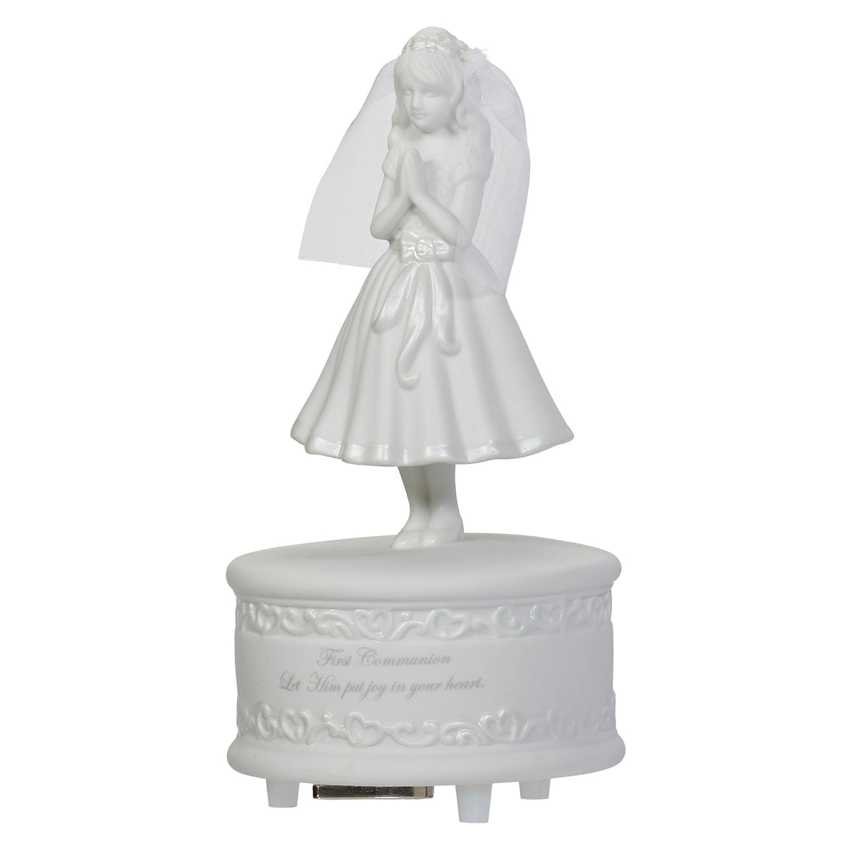 Opposite side view of First Communion Girl Musical Figure showing the prayerful pose, flowing white dress, veil, and decorative base