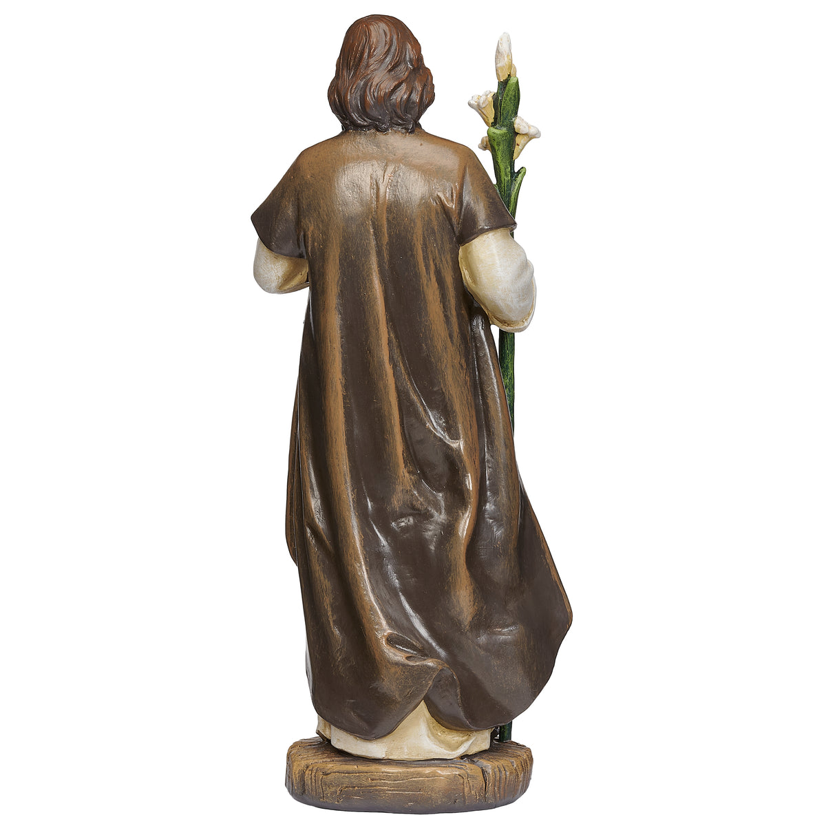 Back view of Joseph's Studio St. Joseph Home Blessing Figure showing the flowing brown cloak, lily staff, and sculpted robe details