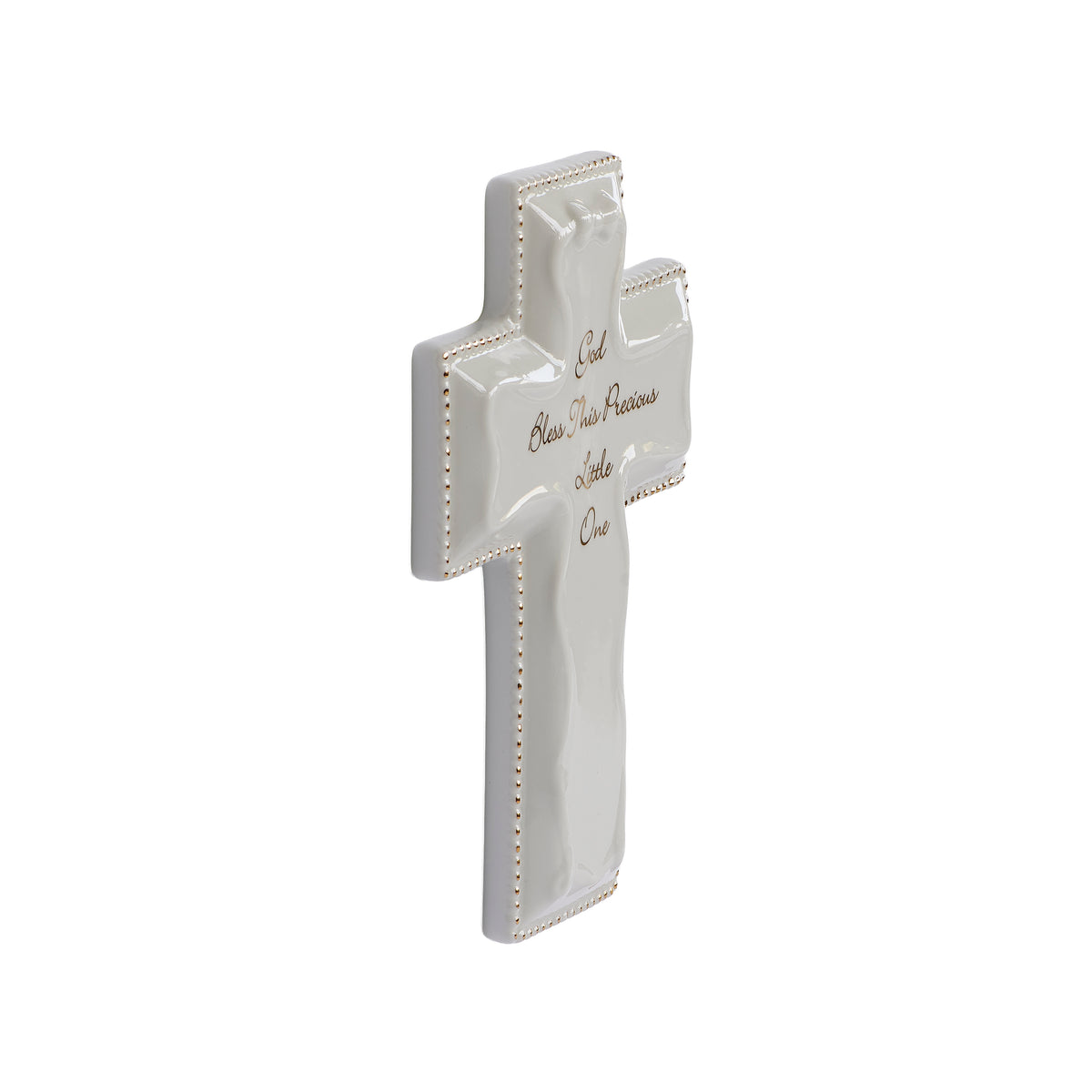 Side view of white “God Bless This Precious Little One” Wall Cross showing the raised bow detail and slim porcelain profile