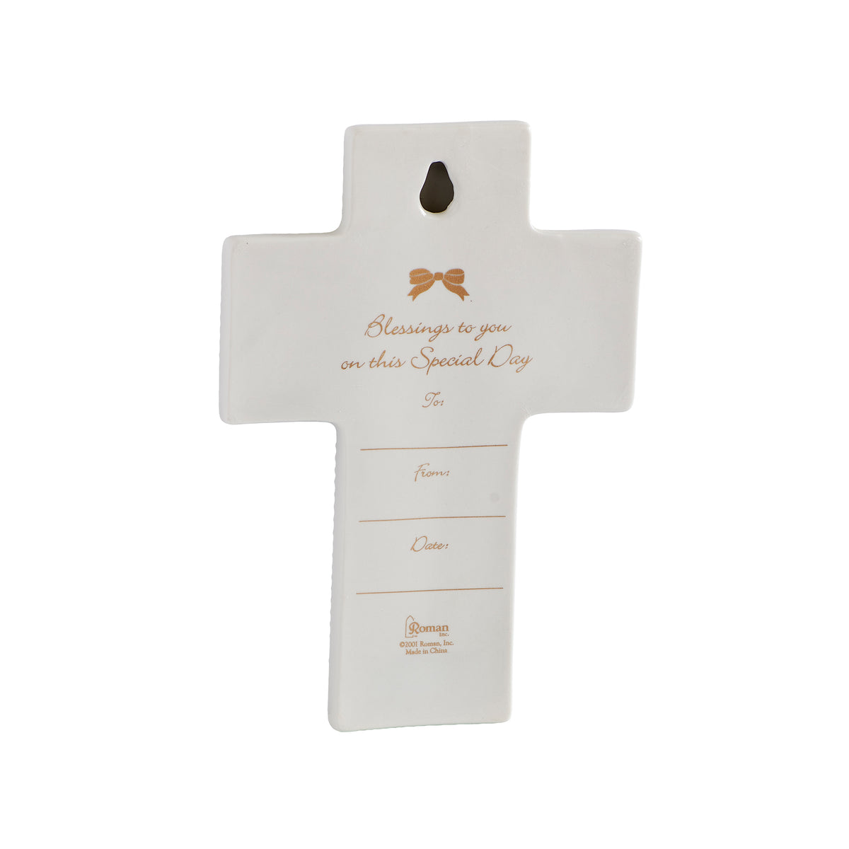 Back view of blue “God Bless This Precious Little One” Wall Cross showing the plain porcelain reverse and wall-hanging opening