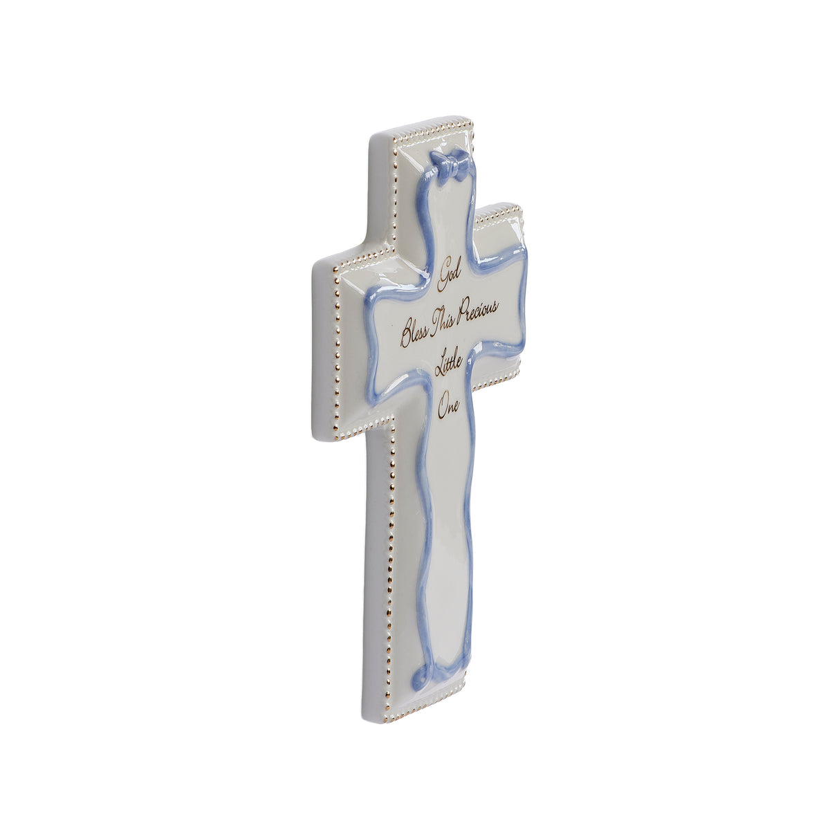 Side view of blue “God Bless This Precious Little One” Wall Cross showing the porcelain profile, blue accents, and raised decorative bow