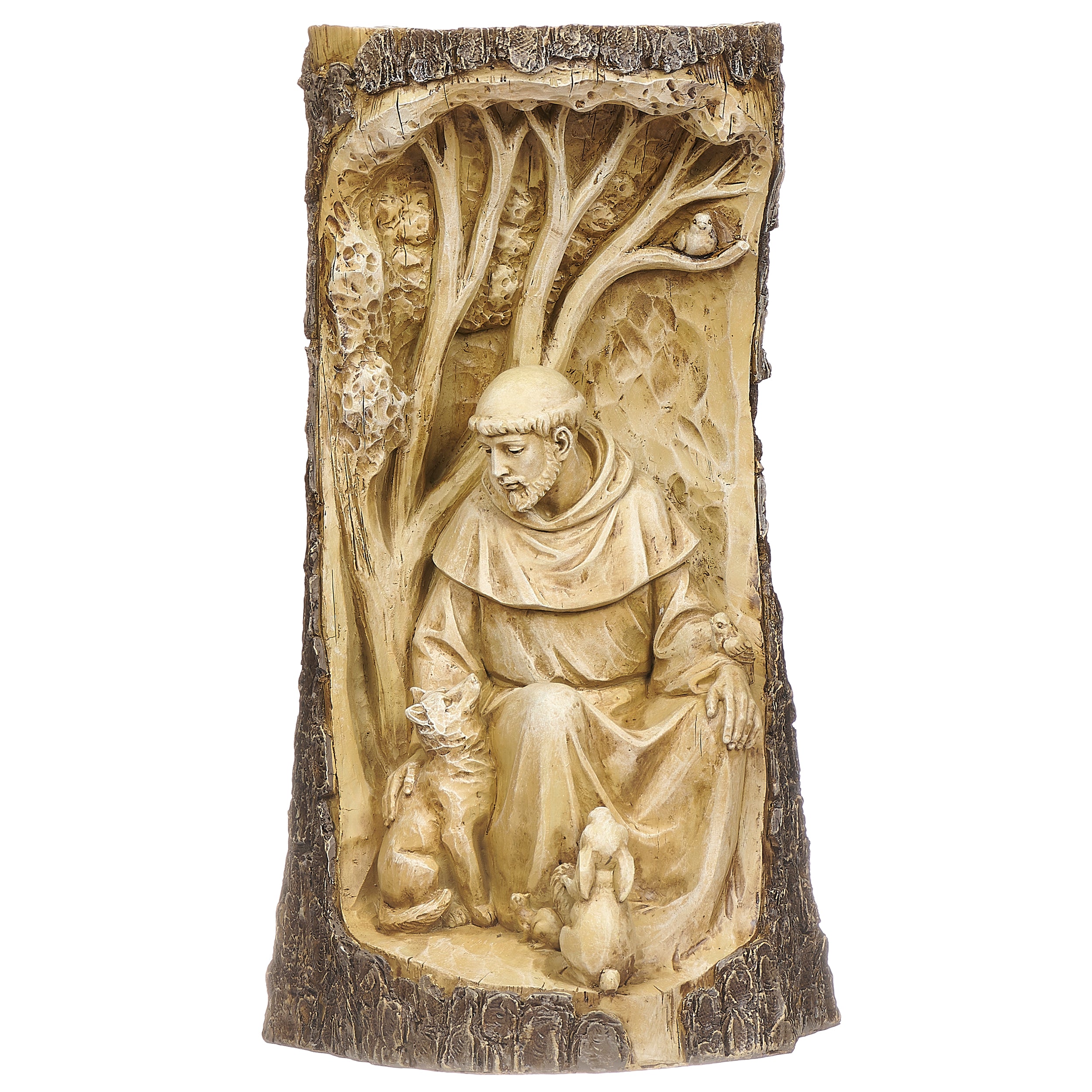 Carved wooden panel with st. Francis and animals in a natural setting