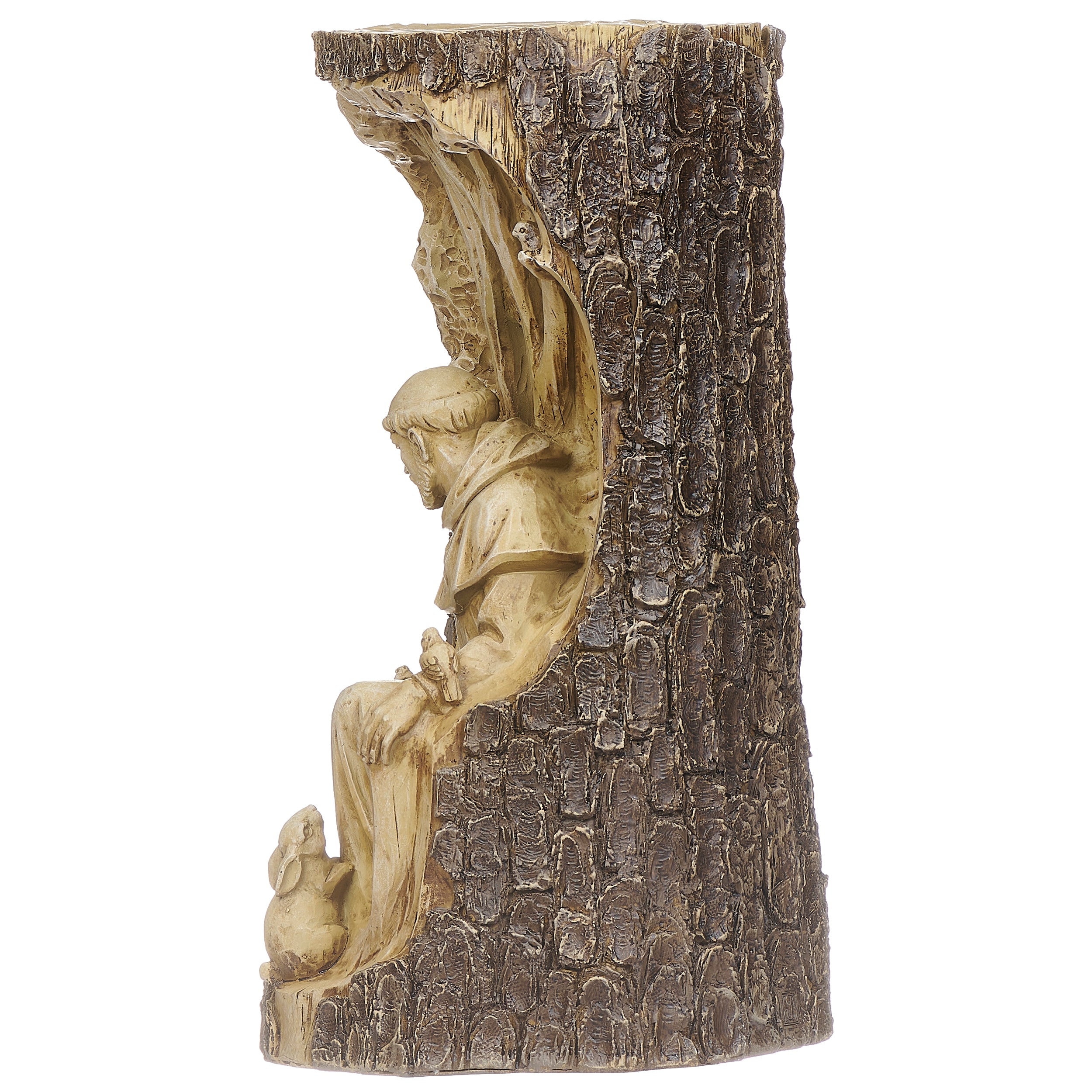 Decorative sculpture of a figure sitting on a tree trunk with a rabbit on a white background
