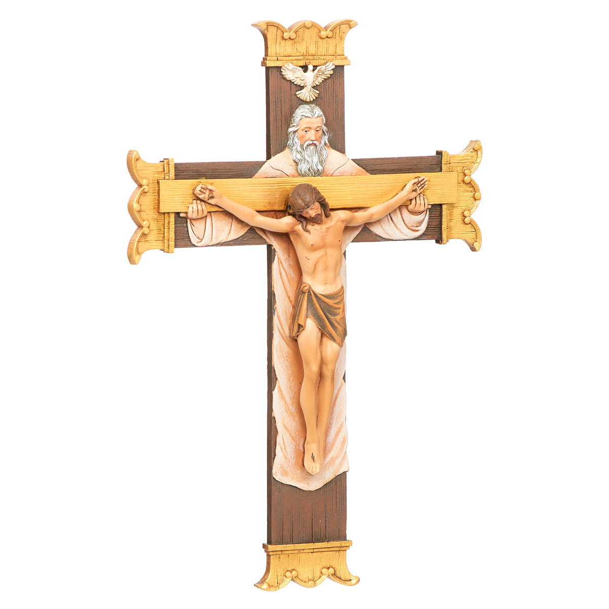 Front view of Joseph's Studio Holy Trinity Crucifix showing the full Holy Trinity design with Christ on the cross, God the Father above, and dove at the top