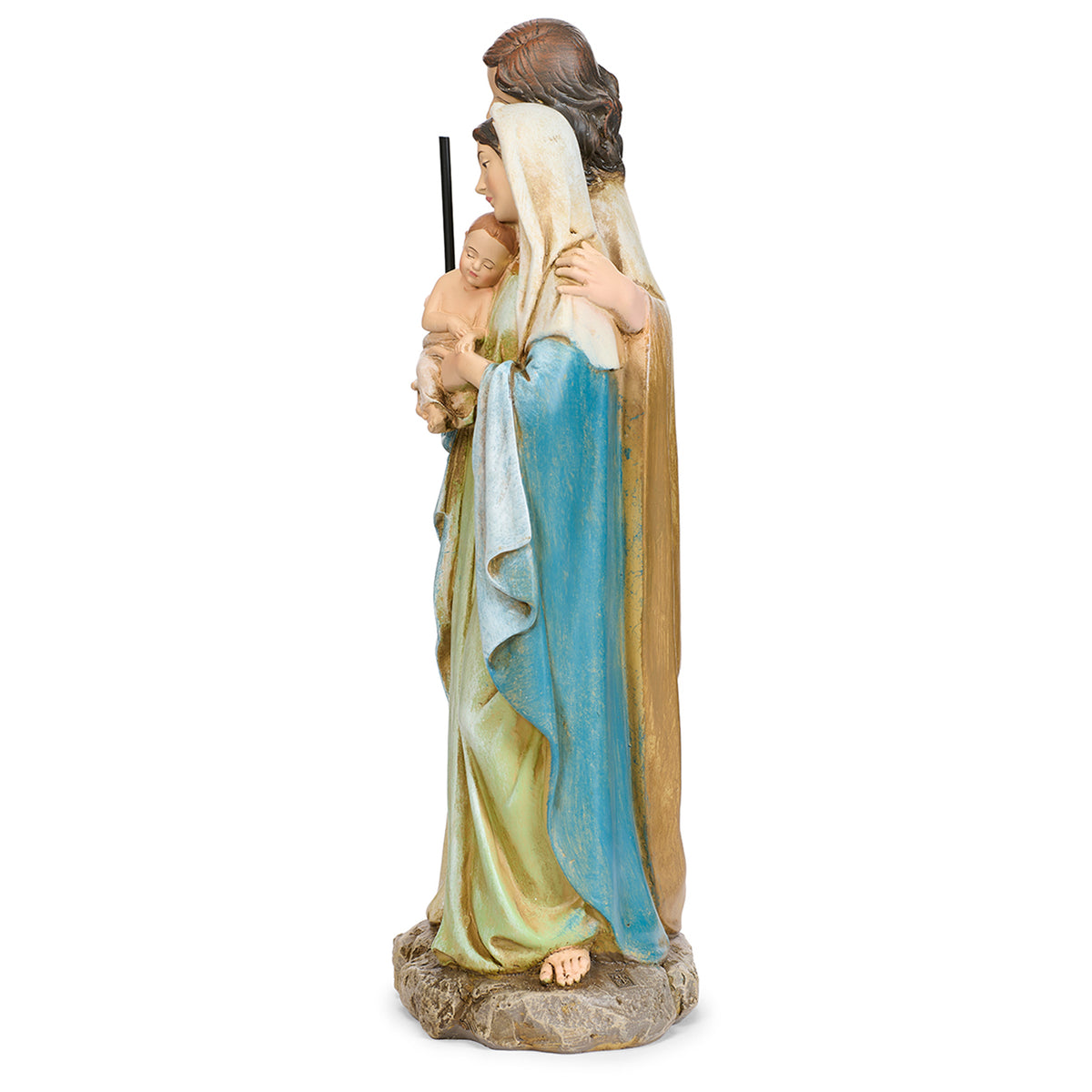 Side view of Joseph's Studio Holy Family Figure showing Mary holding baby Jesus beside Joseph in softly colored flowing robes