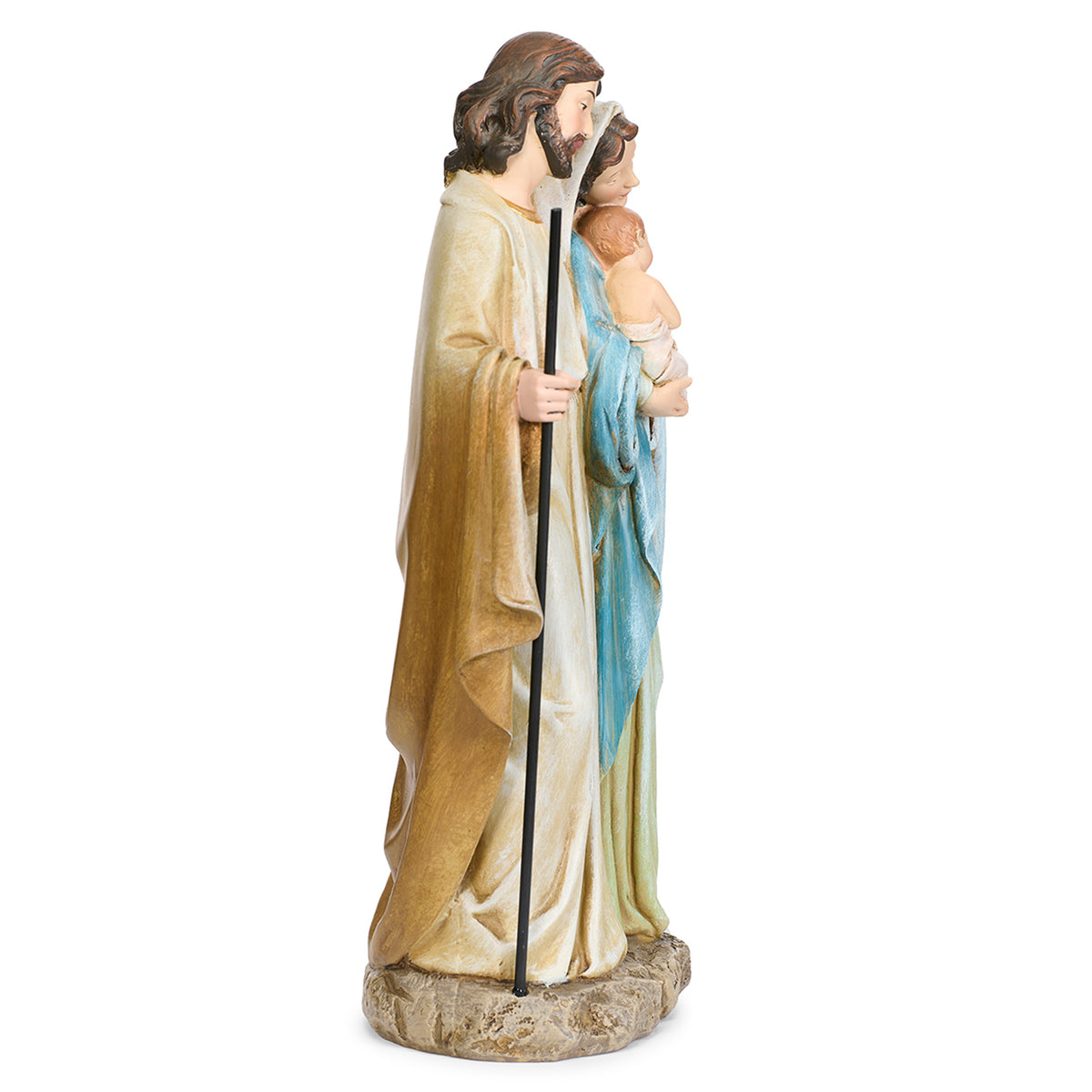 Opposite side view of Joseph's Studio Holy Family Figure showing Mary, baby Jesus, Joseph, and the layered robe details