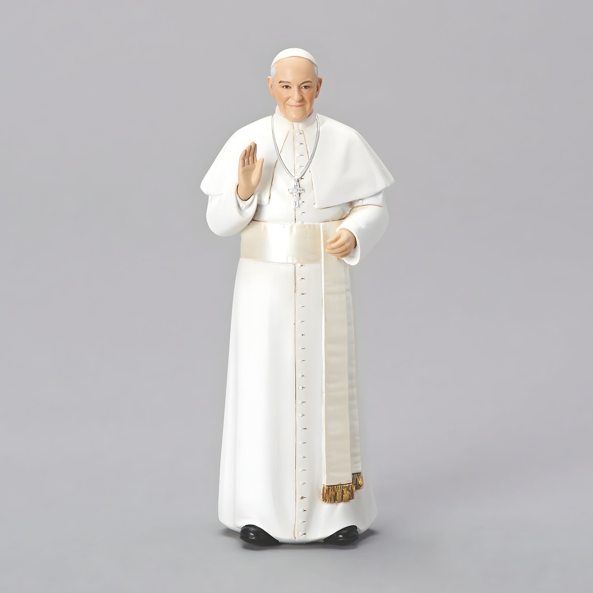 Statue of a person in papal attire on a gray background
