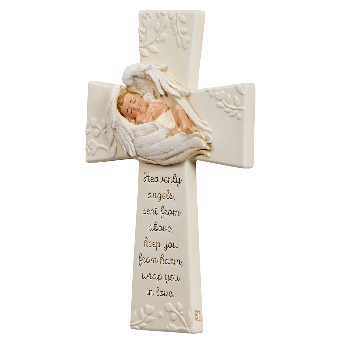 Front angled view of Joseph's Studio Baby in Wings Wall Cross showing the sleeping baby, feathered wings, ivory cross, and vertical prayer inscription