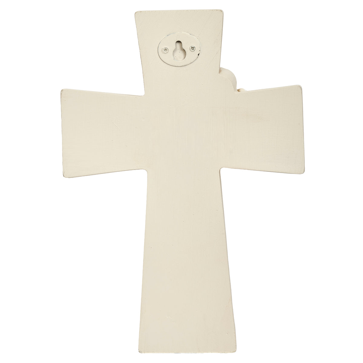 Back view of Joseph's Studio Baby in Wings Wall Cross showing the plain ivory cross and wall-hanging point