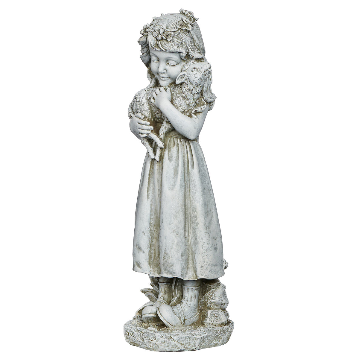 Opposite angled view of Joseph's Studio Girl with Lamb Garden Statue showing the girl, lamb, floral hair accents, and flowing dress