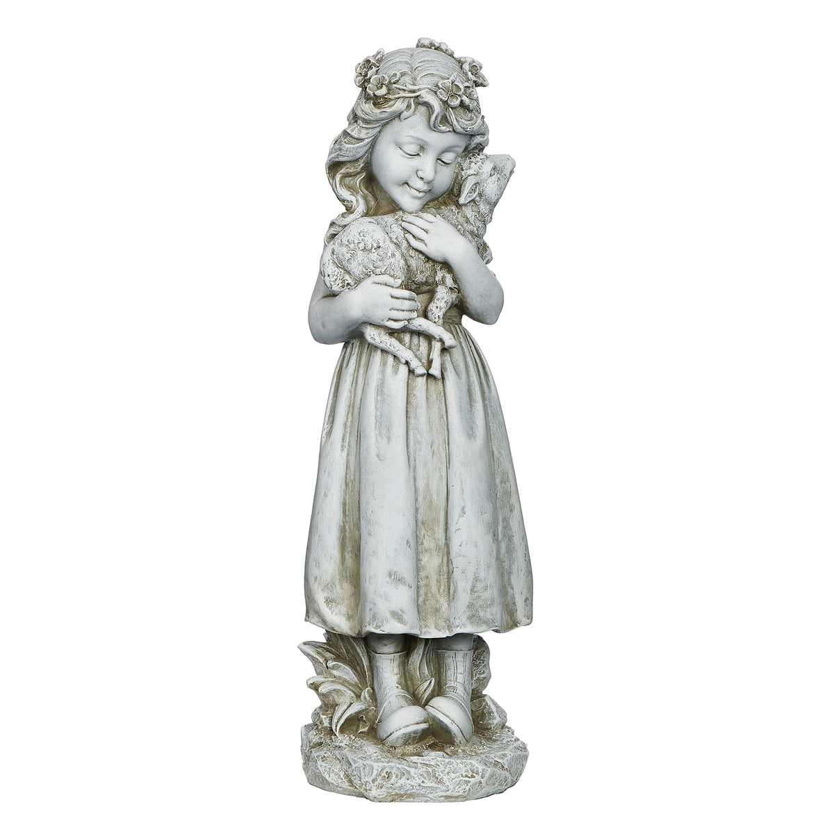 Front view of Joseph's Studio Girl with Lamb Garden Statue showing the child cradling the lamb with delicate sculpted details