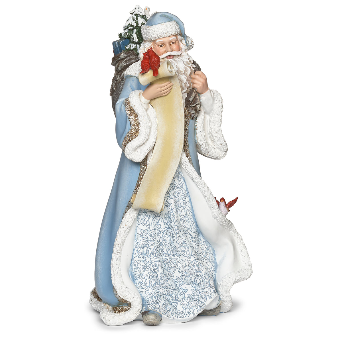 Front angled view of Joseph's Studio Santa in Blue Coat with Feathered Friends Figure highlighting Santa's fur-trimmed coat and surrounding feathered friends