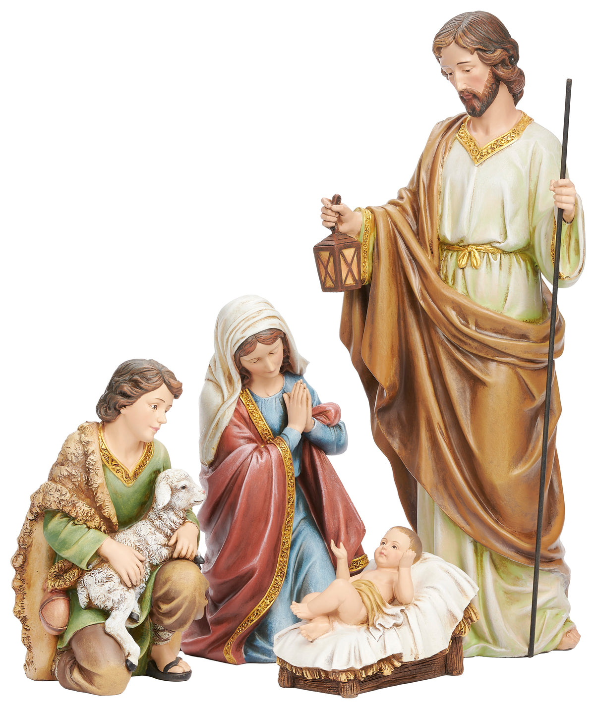 Front angled view of Joseph's Studio Earth Toned Nativity Set showing Mary, Joseph, baby Jesus, and the shepherd arranged together