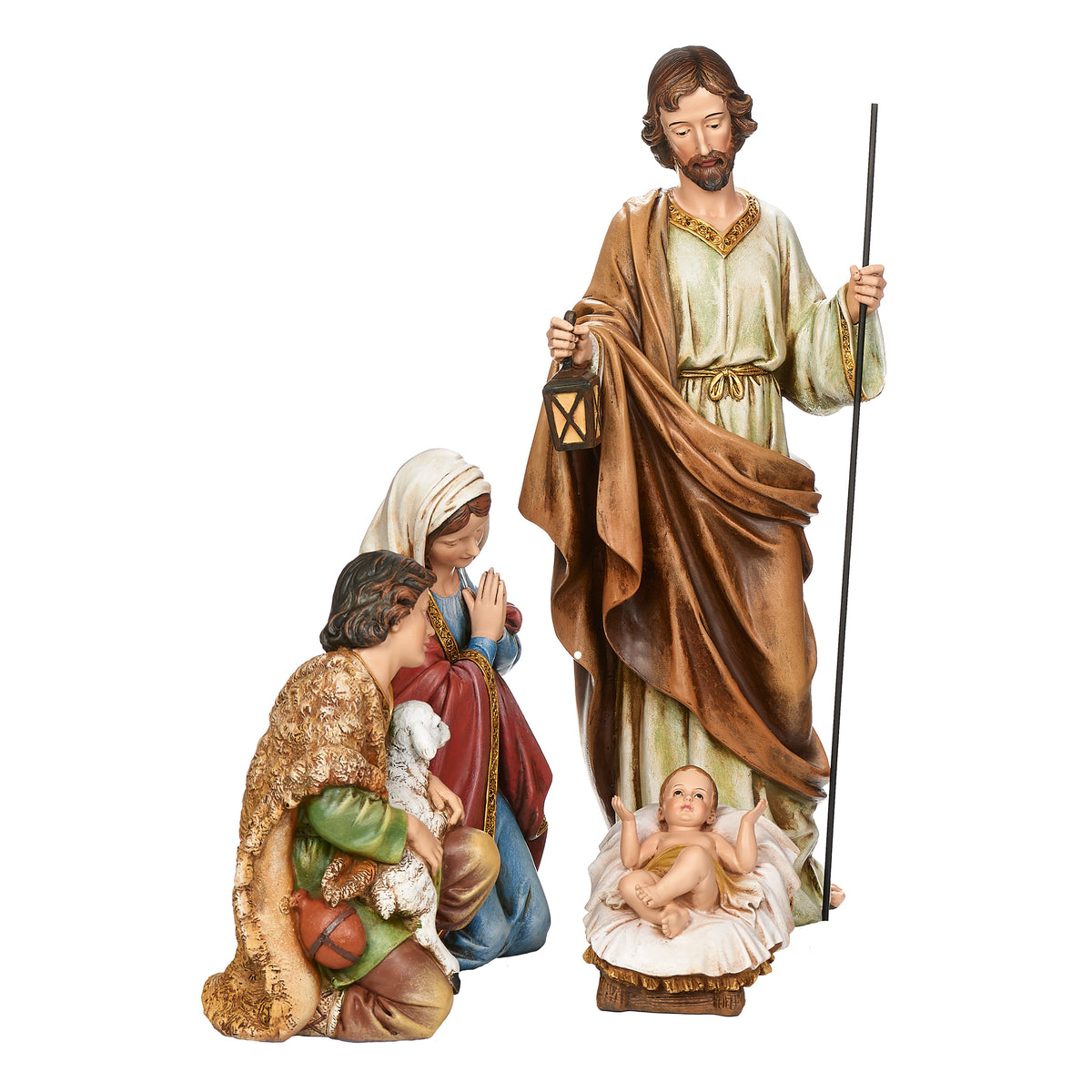 Opposite angled view of Joseph's Studio Earth Toned Nativity Set showing the four figures grouped around the infant Jesus