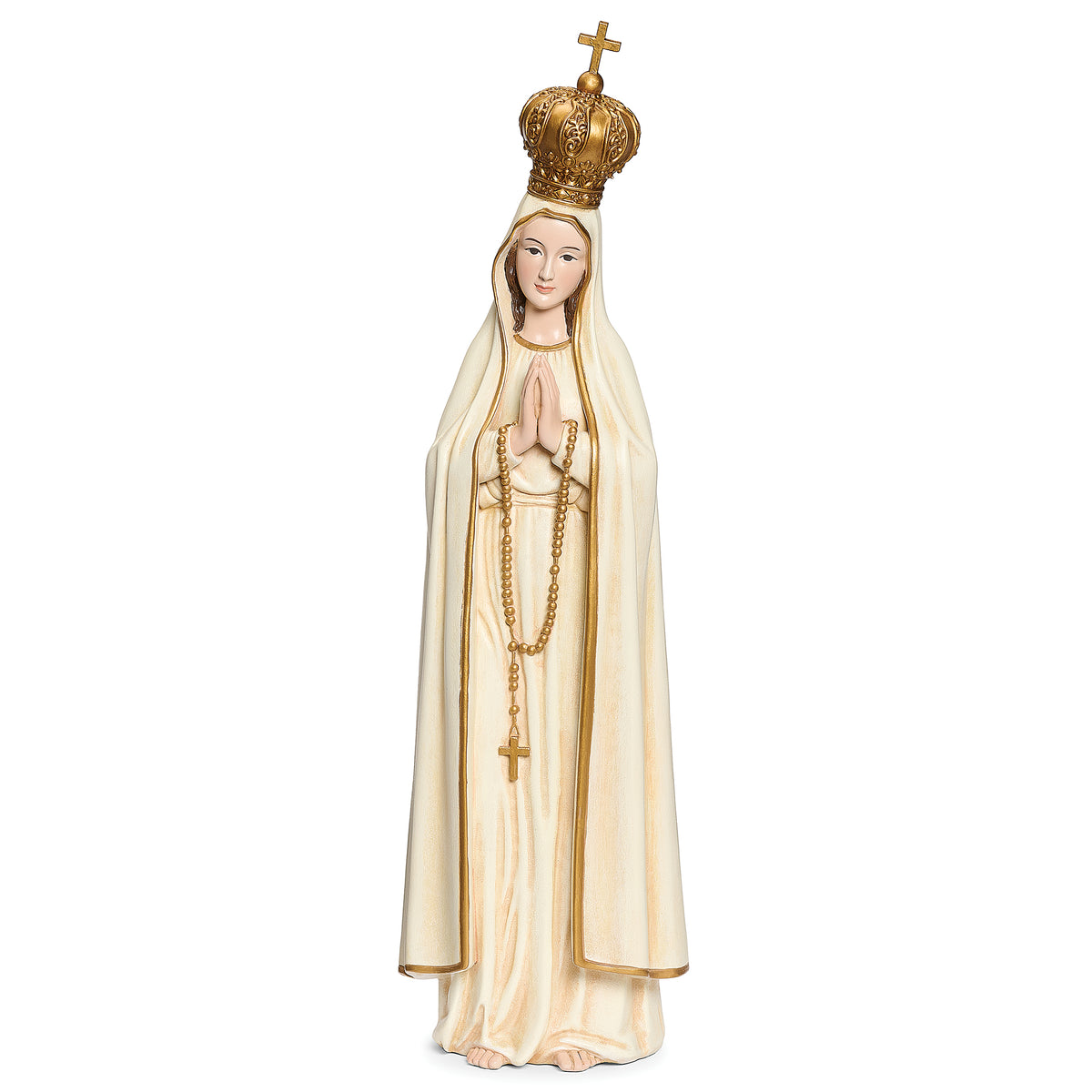 Our Lady of Fatima Catholic statue with crown, rosary and white robes