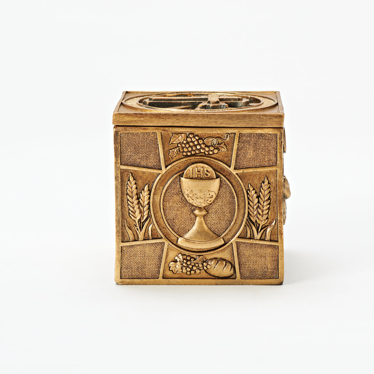 Side view of Joseph's Studio Multi-Sacraments Keepsake Box featuring a chalice and host design