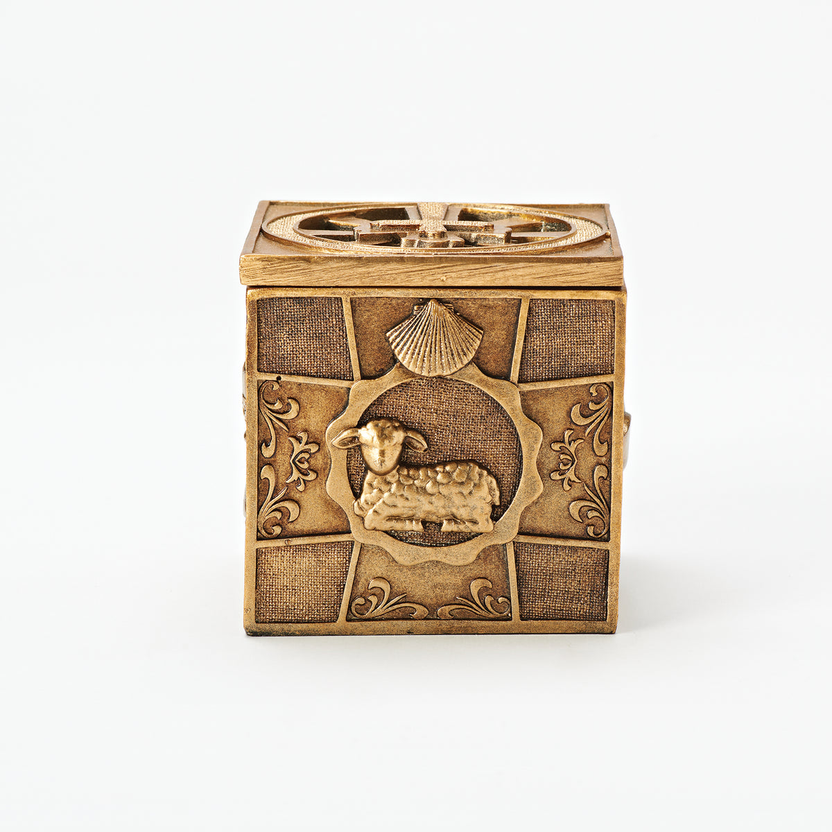 Opposite side view of Joseph's Studio Multi-Sacraments Keepsake Box showing a cross and sacramental relief design