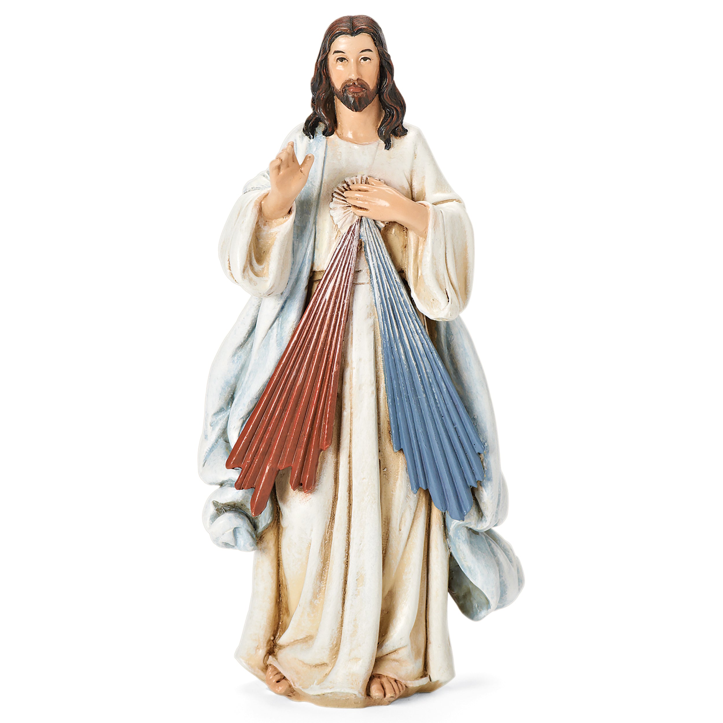 Statue of a religious figure with colorful drapery on a white background