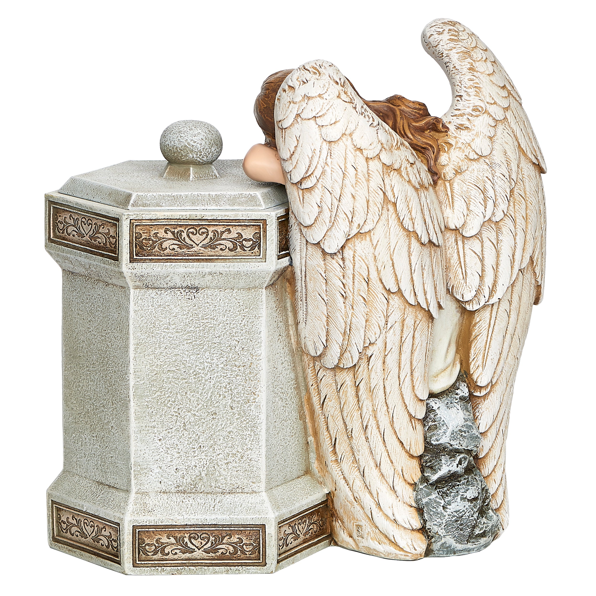 Decorative urn shaped like an angel with wings on a white background