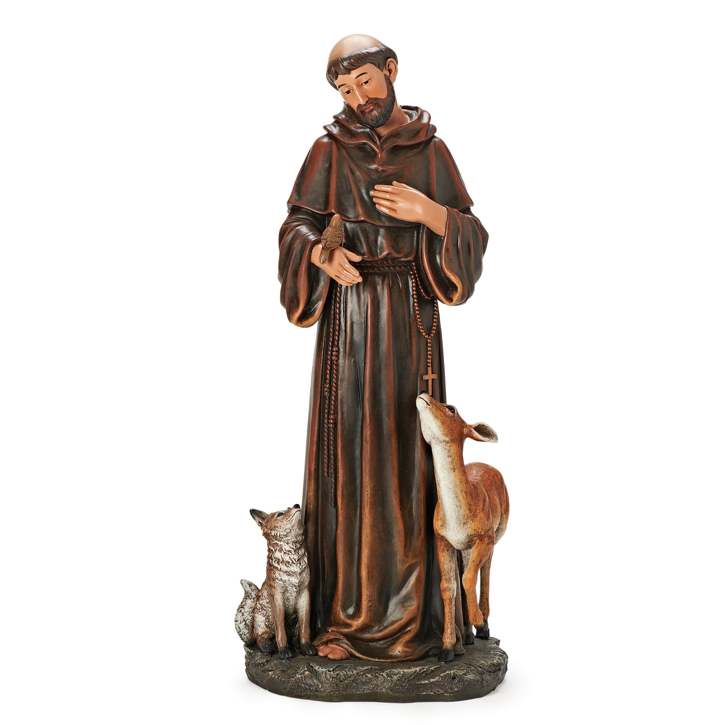 Statue of a religious figure with animals on a white background