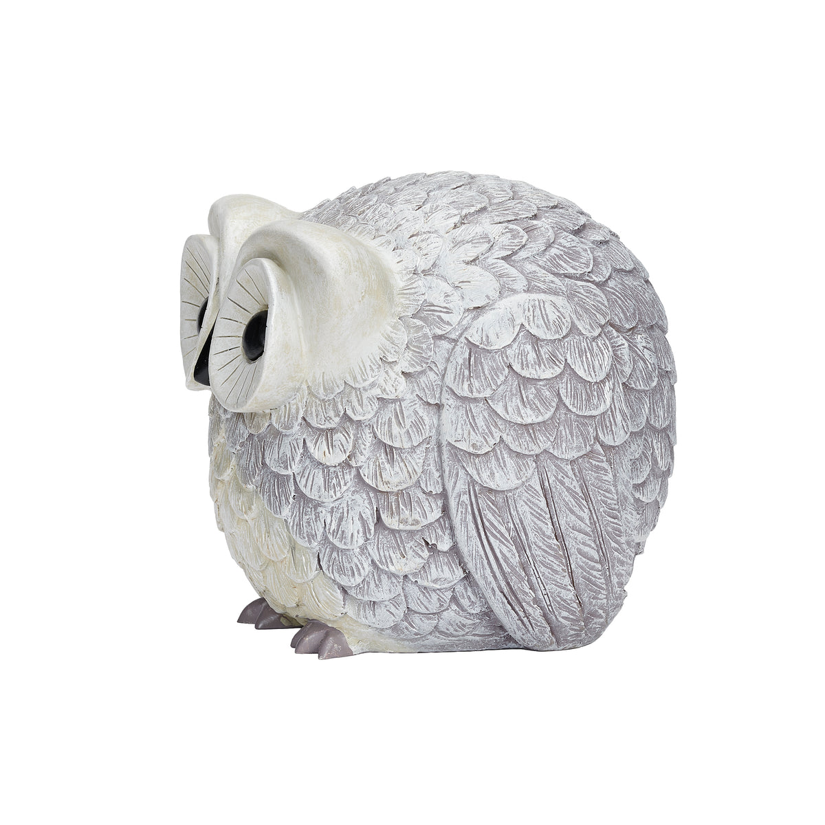 Front angled view of Pudgy Pals Owl Garden Statue showing the large eyes, sculpted beak, and textured feathers