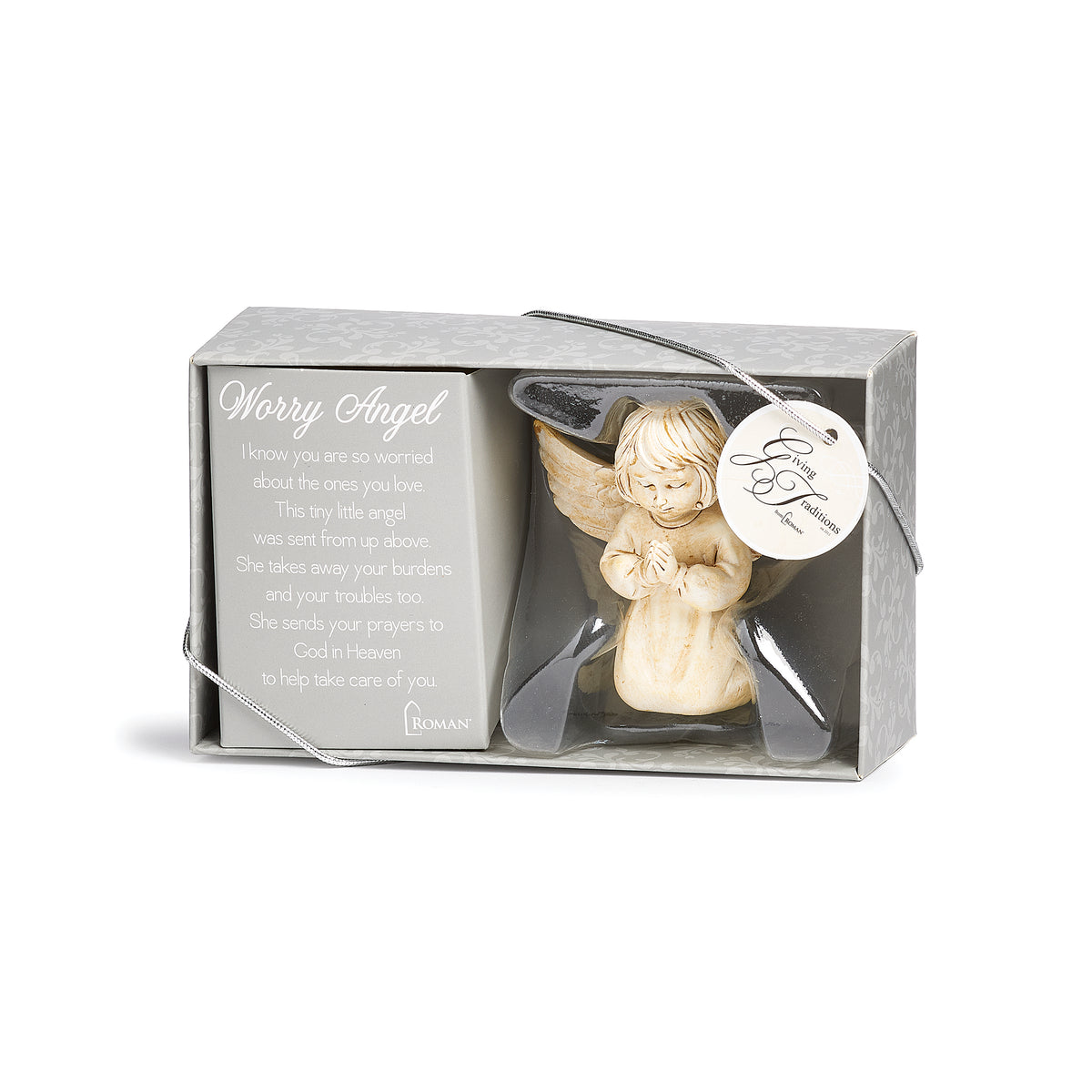 Worry Angel figurine displayed in a window gift box beside a printed message, with a round gift tag.