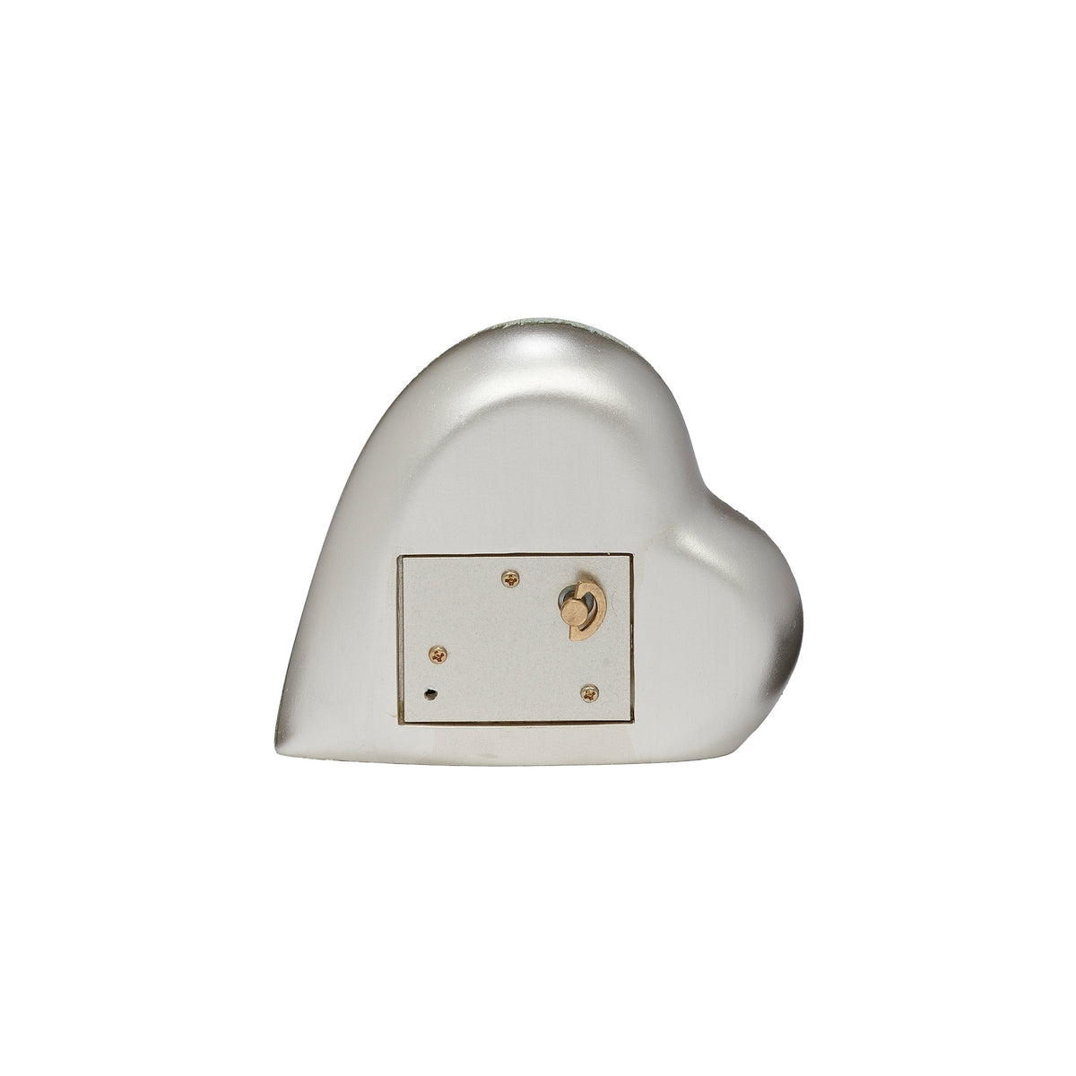 Rear view of musical heart showing the plain cream back, mechanism cover, and winding key.
