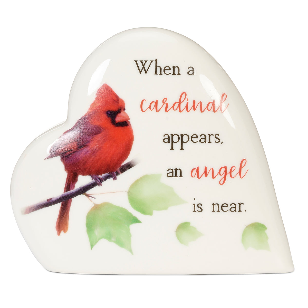 Cardinal Memorial Heart Musical Keepsake with red cardinal, green leaves, and "When a cardinal appears, an angel is near" inscription